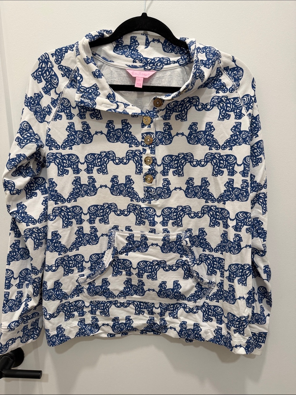 Lilly Pulitzer White Hoodie with Navy Elephant Pattern